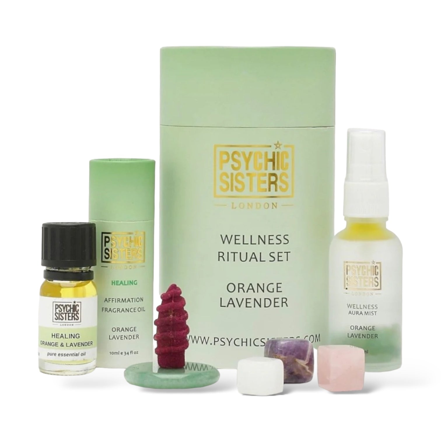 Wellness Ritual Set by Psychic Sisters featuring orange and lavender aromatherapy and crystals.
